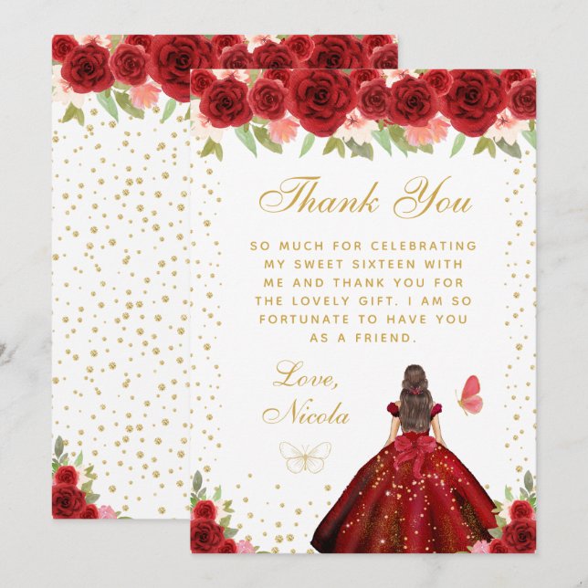 Red Floral Brunette Hair Princess Sweet Sixteen Thank You Card (Front/Back)