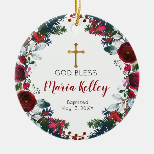 Red Floral Burgundy Personalised Girl Baptism Ceramic Tree Decoration (Front)