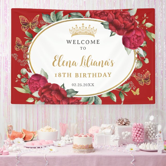 Red Floral Butterflies 18th Birthday Sweet 16  Banner (Party)