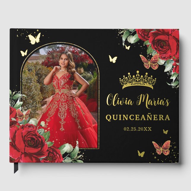 Red Floral Butterflies Black Quinceañera Photo  Guest Book (Front)