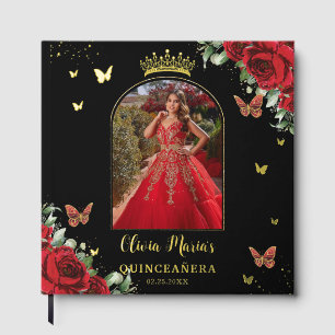 Red Floral Butterflies Black Quinceañera Picture Guest Book