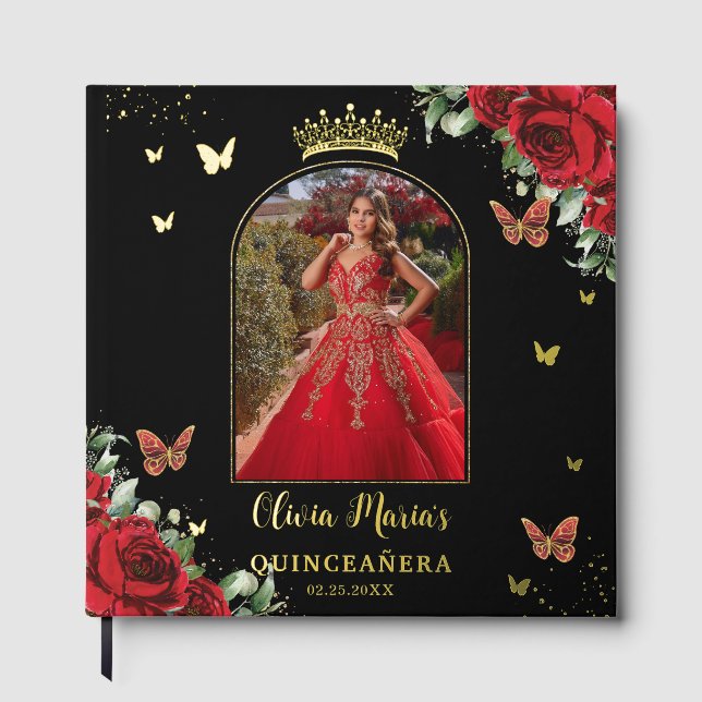 Red Floral Butterflies Black Quinceañera Picture Guest Book (Front)