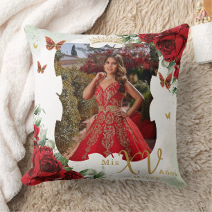 Red Floral Butterflies Picture Quinceañera Memento Cushion