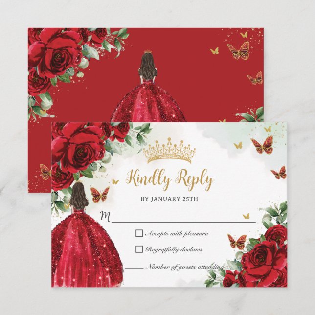 Red Floral Butterflies Princess Dress Quinceañera RSVP Card (Front/Back)