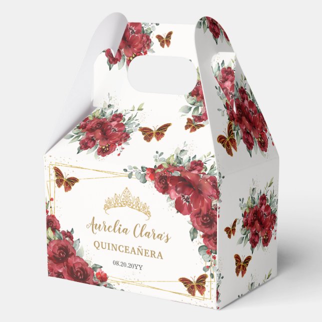 Red Floral Butterflies Quince XV 16 Birthday Gable Favour Box (Front)