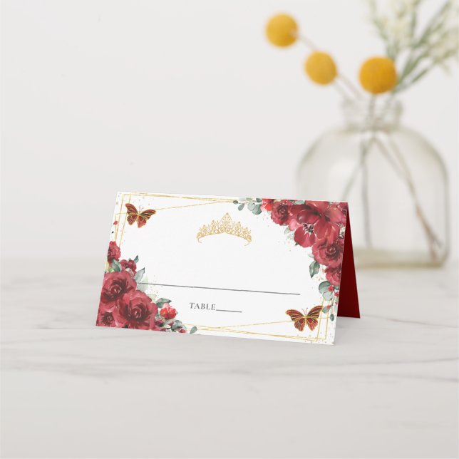 Red Floral Butterflies Quinceañera 16th Birthday Place Card (Front)