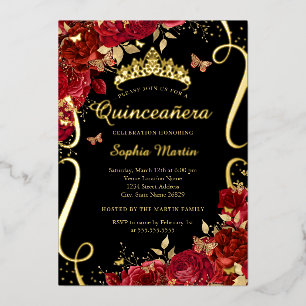 Red Floral Butterfly Elegant Gold Quinceanera 