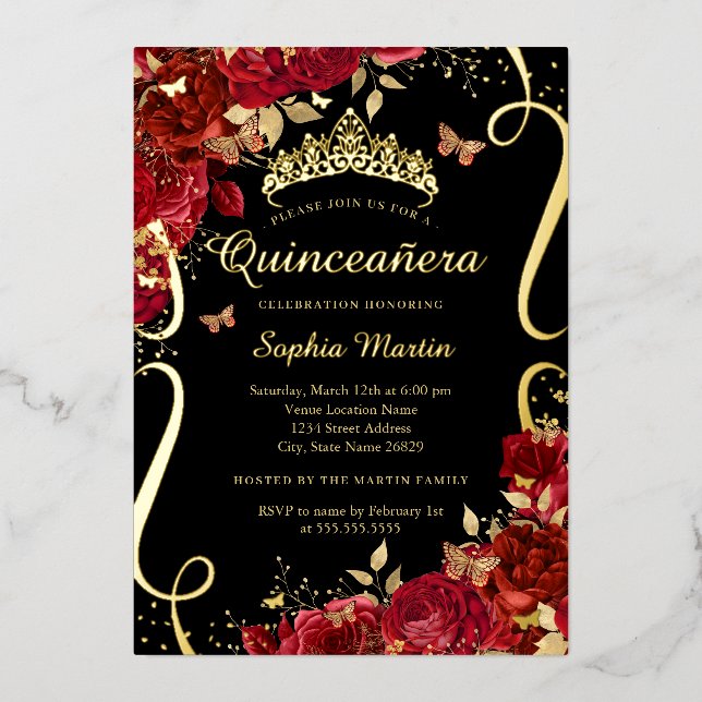 Red Floral Butterfly Elegant Gold Quinceanera  (Front)