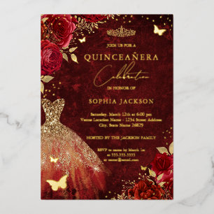 Red Floral Butterfly Gold Dress Quinceanera