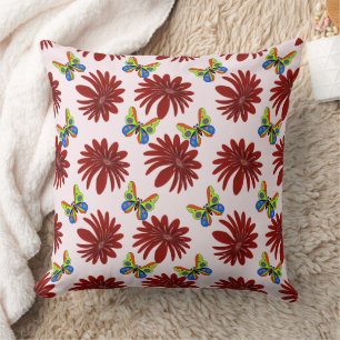 Red Floral Butterfly Pattern Bold Daisy Flower A Cushion