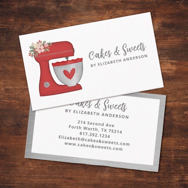Red Floral Cake Mixer Bakery Business Card (A cute red floral mixer business card. Personalize it with your name and business info.)