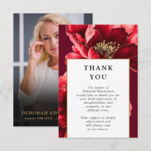 Red Floral Celebration Of Life Funeral Photo Thank You Card