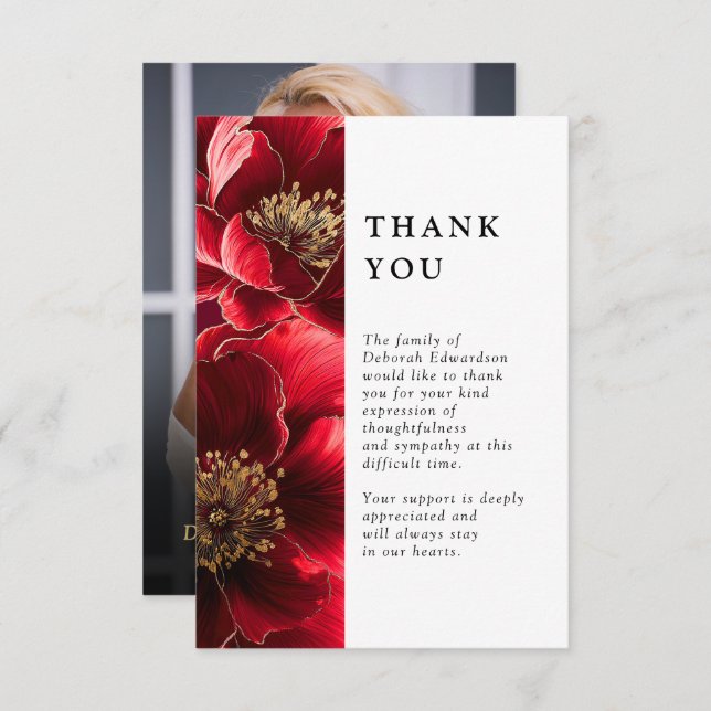 Red Floral Celebration Of Life Funeral Photo Thank You Card (Front/Back)