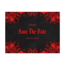 Red Floral Chalkboard Goth Save The Date Postcards