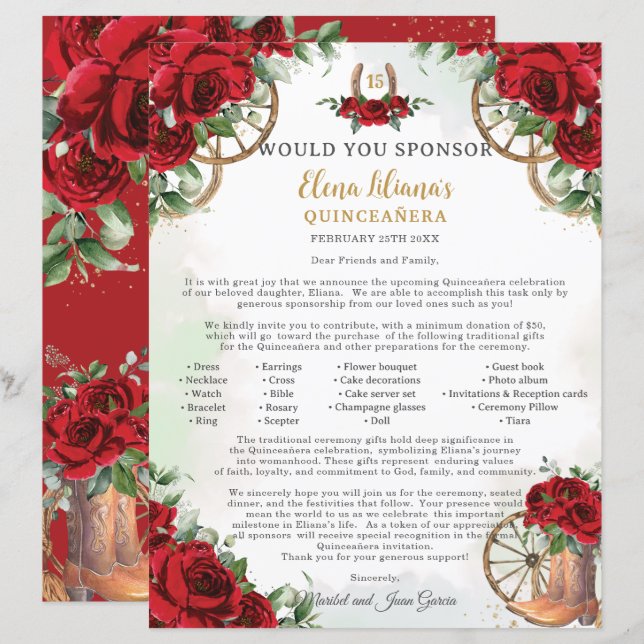 Red Floral Charro Boots Quinceañera Sponsor Letter (Front/Back)