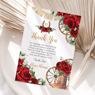 Red Floral Charro Boots Quinceañera Thank You Card