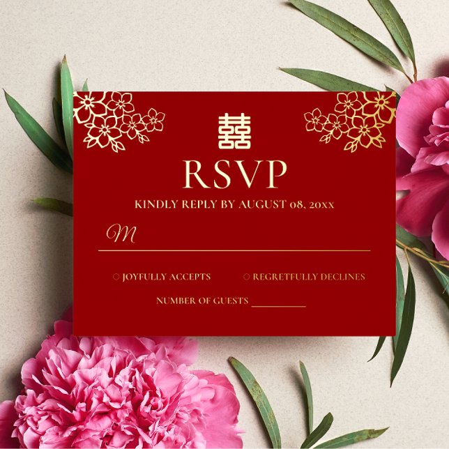 Red floral Chinese wedding cherry blossom RSVP Foil Invitation Postcard (Creator Uploaded)