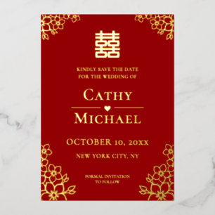 Red floral Chinese wedding save the date
