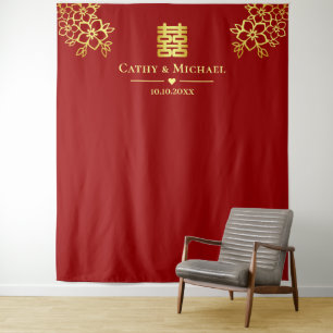 Red floral Chinese wedding tea ceremony backdrop Tapestry
