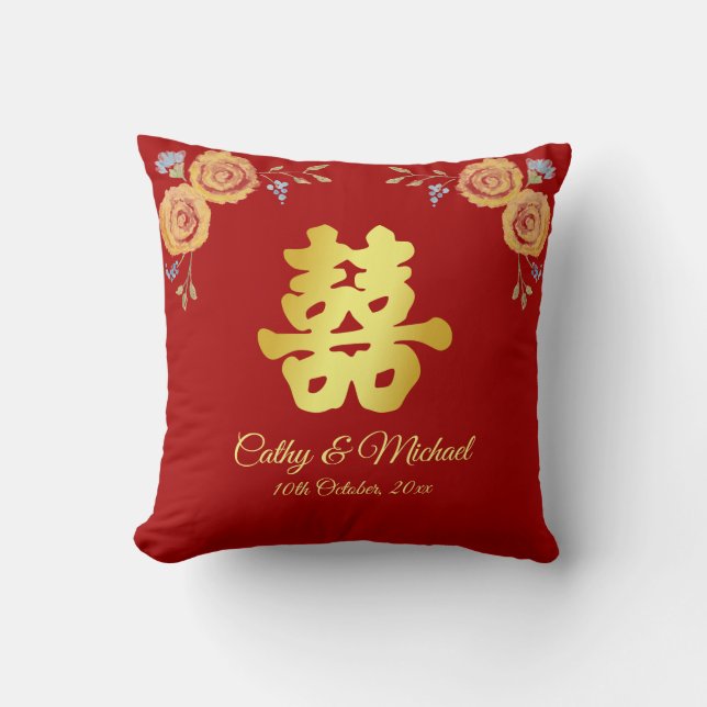 Red floral Chinese wedding tea ceremony Cushion (Front)