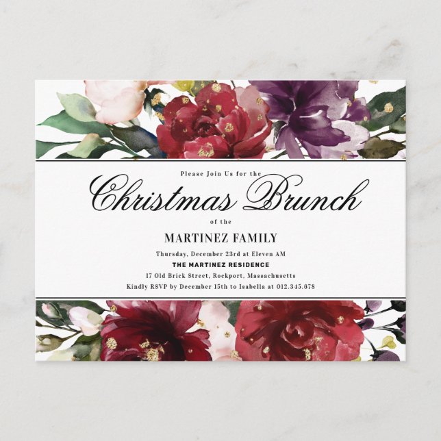 Red Floral Christmas Brunch Invitation Postcard (Front)