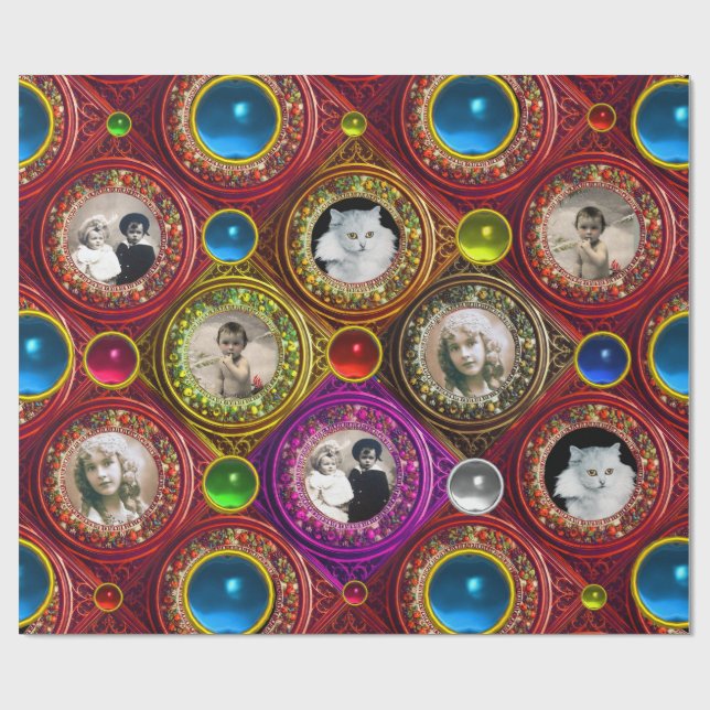 RED FLORAL CHRISTMAS CROWNS,BLUE GEMS PHOTO FRAME WRAPPING PAPER (Flat)