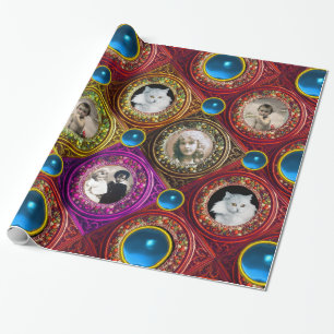 RED FLORAL CHRISTMAS CROWNS,BLUE GEMS PHOTO FRAME WRAPPING PAPER