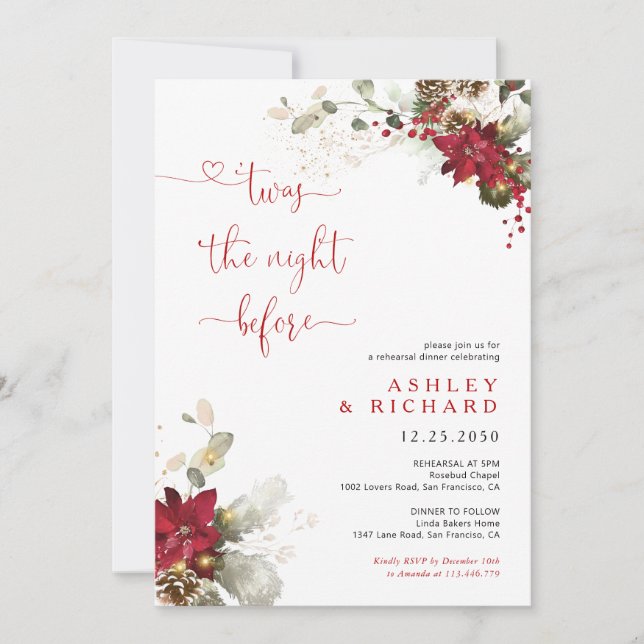 Red Floral Christmas Dinner Wedding Invitation (Front)