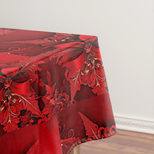 Red Floral Christmas Holiday Tablecloth (In Situ)
