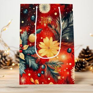 Red Floral Christmas Ornament Holiday Gift Wine Gift Bag