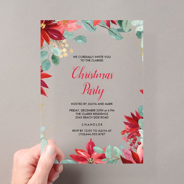 Red Floral Christmas Party Acrylic Invitations (Insitu (Handheld))