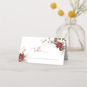 Red Floral Christmas Wedding Folded Place Card