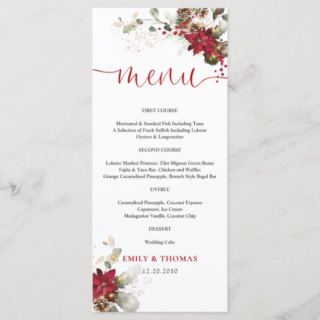 Red Floral Christmas Wedding Menu  (Front)