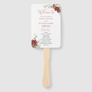 Red Floral Christmas Wedding Program Hand Fan