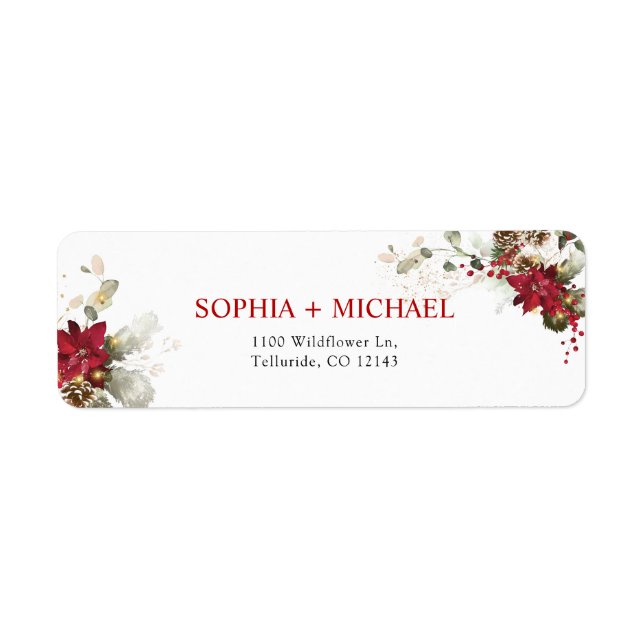 Red Floral Christmas Wedding Return Address Label (Front)