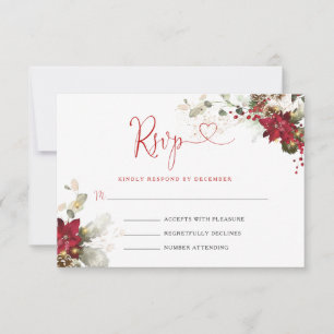 Red Floral Christmas Wedding RSVP Card