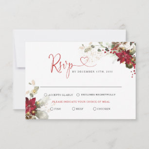 Red Floral Christmas Wedding RSVP Card
