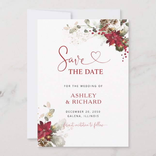 Red Floral Christmas Wedding Save The Date (Front)