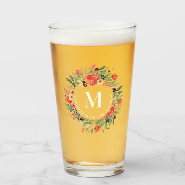Red Floral Christmas Wreath Monogram Glass (Front Filled)