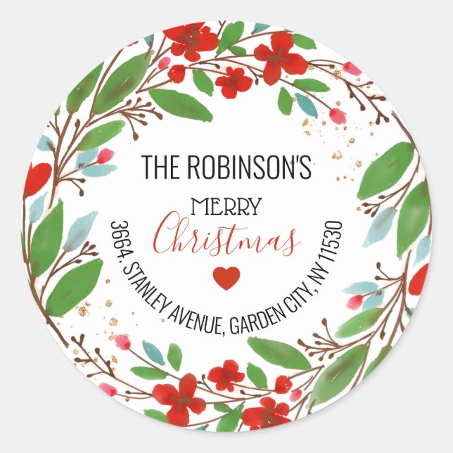 Red Floral Christmas Wreath Return Address Label (Front)