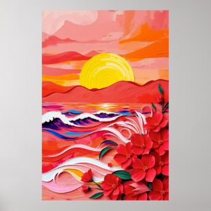 Red Floral Coast Quilling Art with Sunrise Waves & Poster