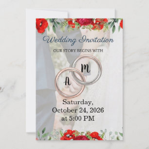 Red Floral Couple Monogram Wedding Invitation