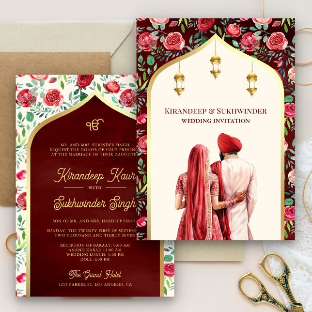 Red Floral Cream Gold Anand Karaj Sikh Wedding Invitation (Creator Uploaded)