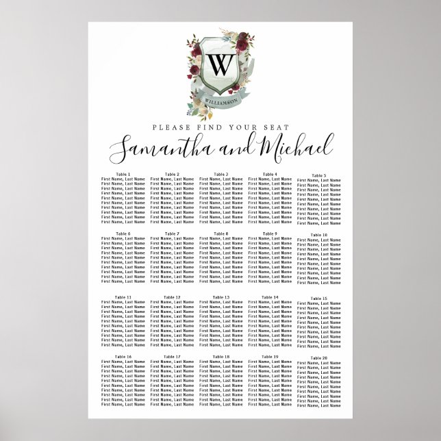 Red Floral Crest 20-Table Wedding Seating Chart (Front)
