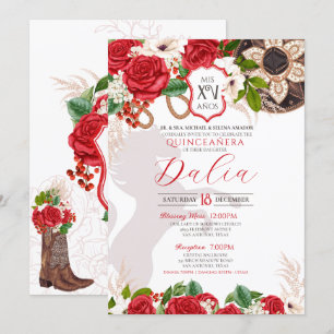 Red Floral Crest Rose Charro Quinceañera Invitation