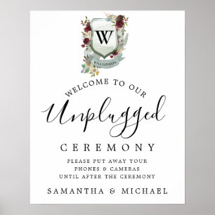 Red Floral Crest Unplugged Wedding Ceremony Sign