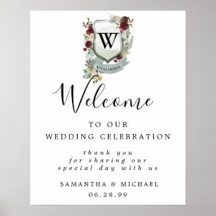 Red Floral Crest Welcome to Our Wedding Sign