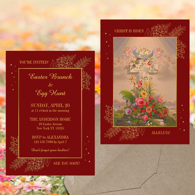 Red Floral Cross Christian Easter Brunch Egg Hunt Invitation (Red Floral Cross Religious Christian Catholic Jesus Resurrection Easter Brunch Egg Hunt Invitation)