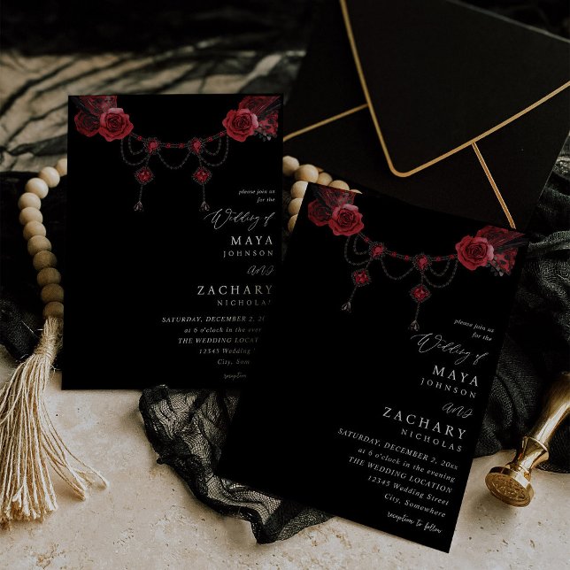 Red Floral & Crystal Wedding - Black Invitation (Creator Uploaded)