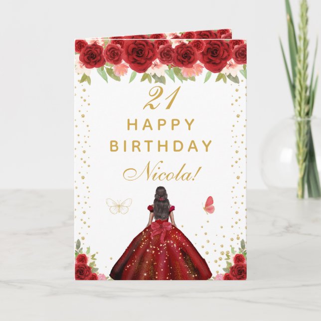 Red Floral Dark Skin Girl Birthday Card (Front)